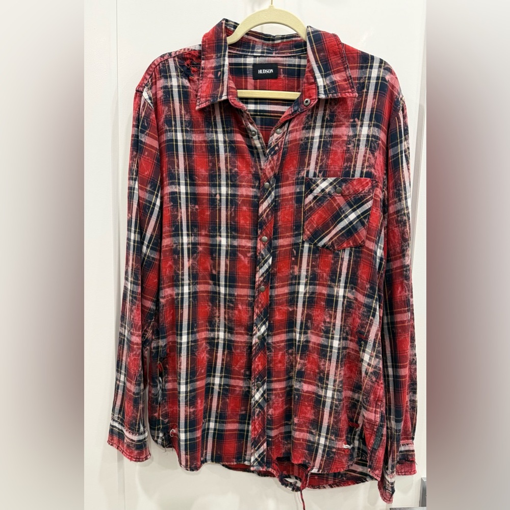 HUDSON Men’s Weston Distressed Plaid Snap Front Shirt | XL | NWT